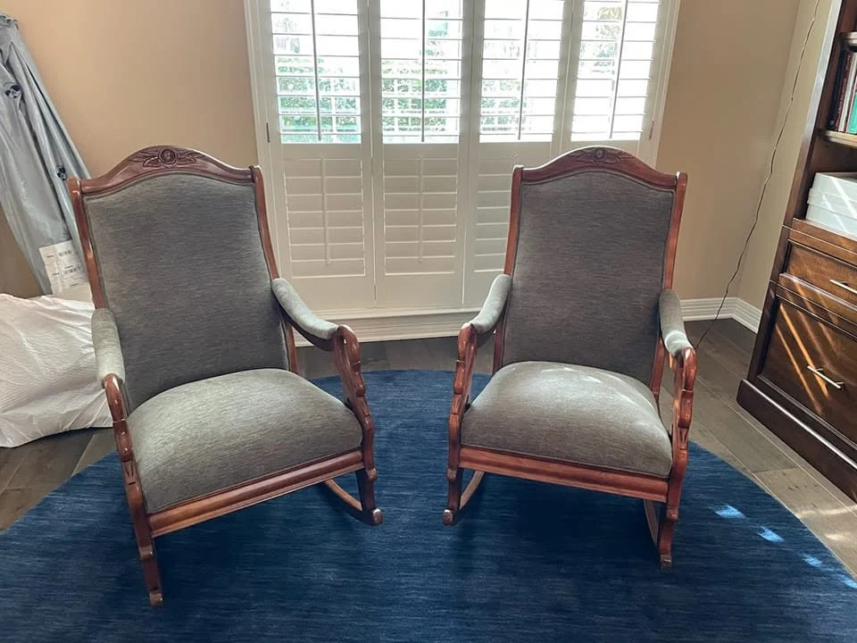 Pair of antique wood armchairs with fresh gray upholstery