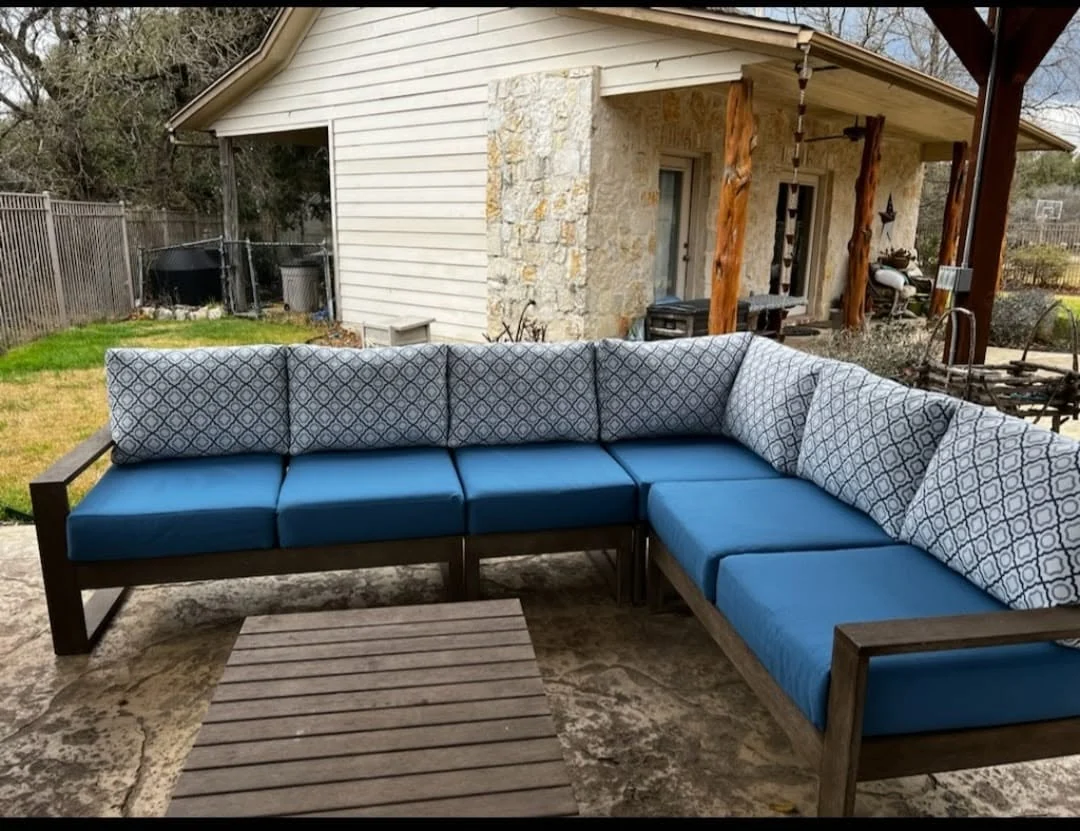 Wood patio sectional with blue custom seat cushions